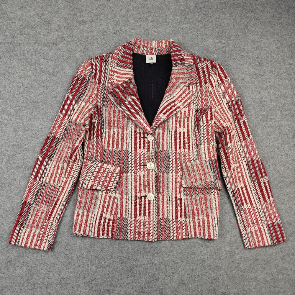 CAbi Blazer Womens Small Red Plaid Lined Tailored Boucle Jacket Three-Button